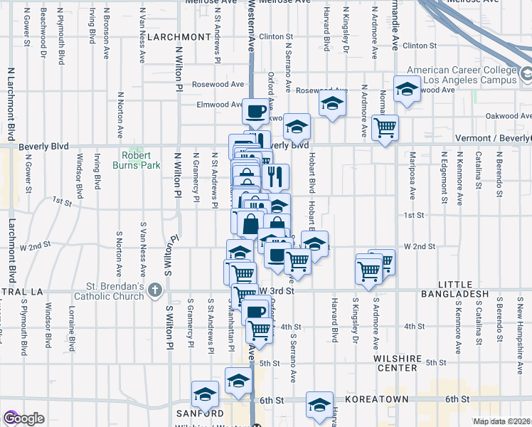 map of restaurants, bars, coffee shops, grocery stores, and more near 127 South Oxford Avenue in Los Angeles
