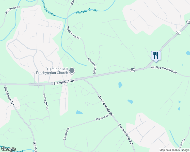 map of restaurants, bars, coffee shops, grocery stores, and more near 6179 Wheeler Road Northeast in Hoschton