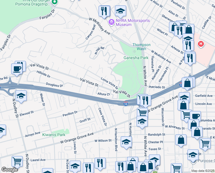 map of restaurants, bars, coffee shops, grocery stores, and more near 756 Val Vista Street in Pomona
