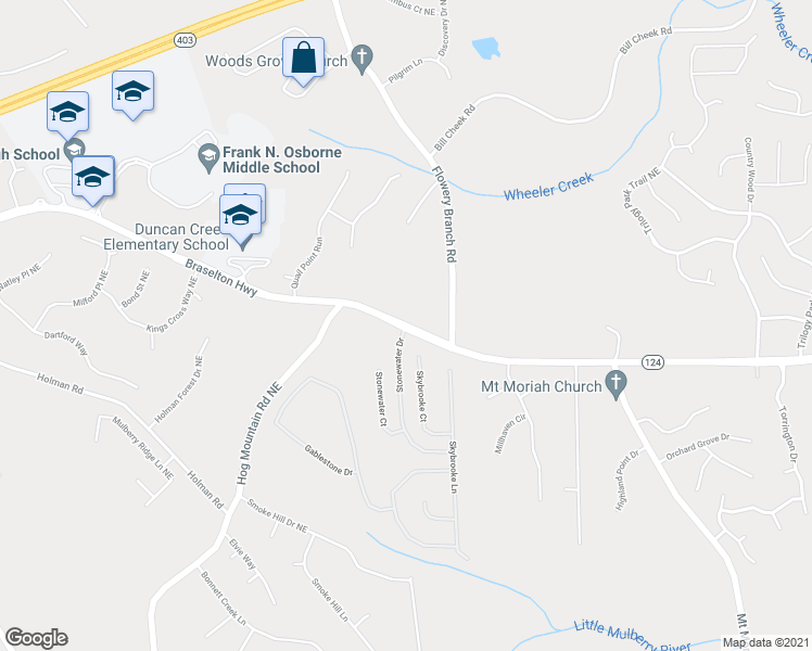 map of restaurants, bars, coffee shops, grocery stores, and more near 4652 Braselton Highway in Hoschton