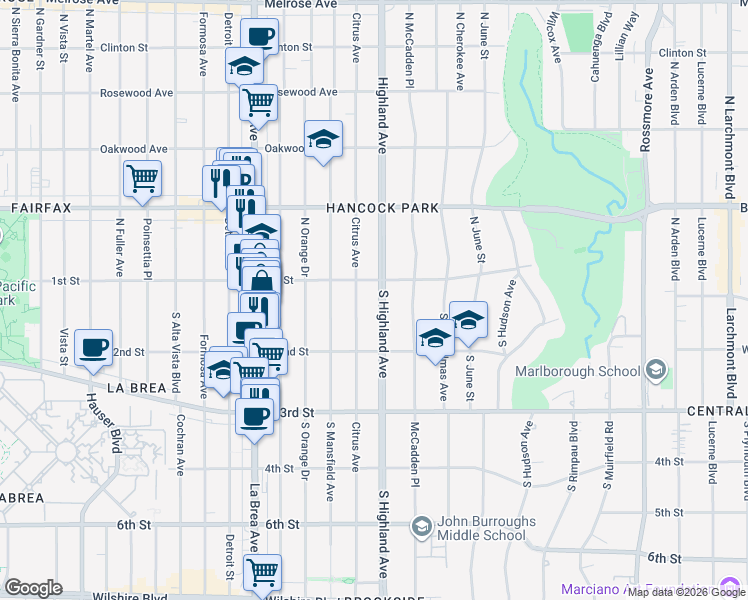 map of restaurants, bars, coffee shops, grocery stores, and more near 119 South Highland Avenue in Los Angeles