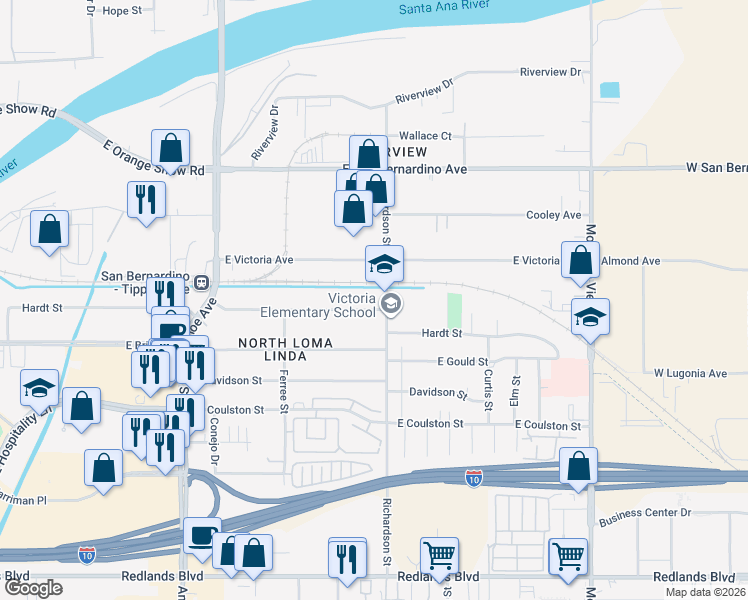 map of restaurants, bars, coffee shops, grocery stores, and more near 1582 Hardt Street in San Bernardino