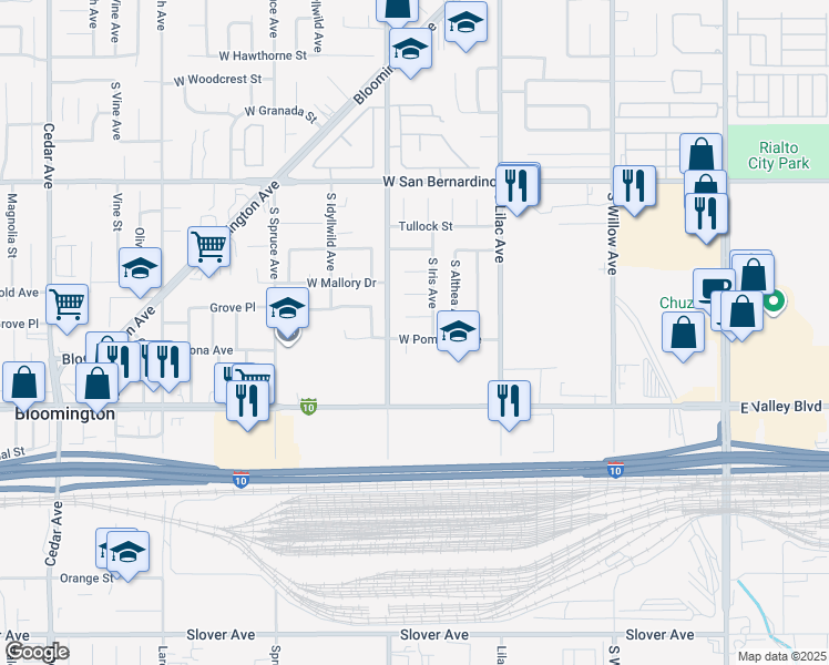 map of restaurants, bars, coffee shops, grocery stores, and more near 659 West Pomona Avenue in Bloomington