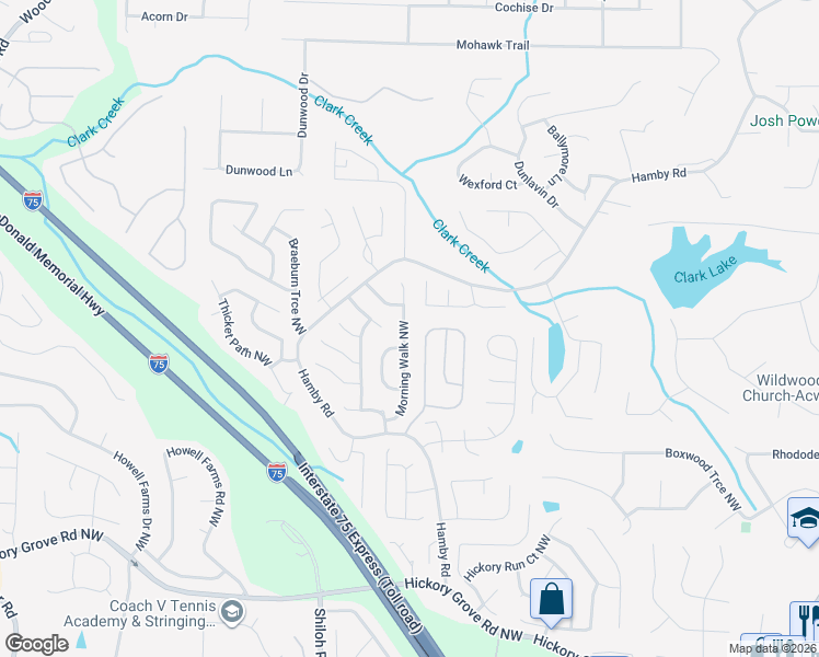 map of restaurants, bars, coffee shops, grocery stores, and more near 1966 Morning Walk Northwest in Acworth
