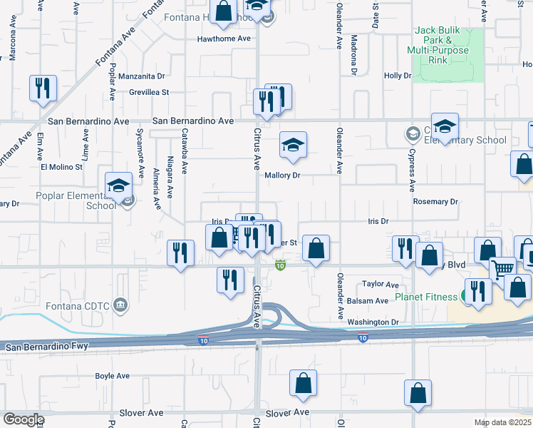 map of restaurants, bars, coffee shops, grocery stores, and more near 9984 Elwood Avenue in Fontana