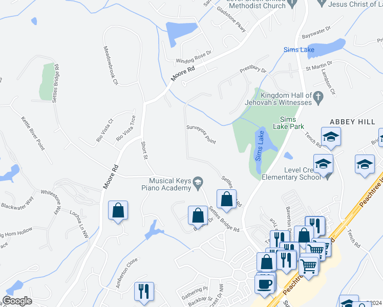 map of restaurants, bars, coffee shops, grocery stores, and more near 4685 Settles Point Road in Suwanee