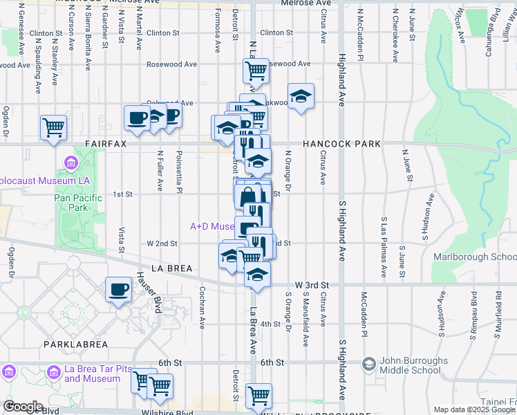 map of restaurants, bars, coffee shops, grocery stores, and more near 126 South La Brea Avenue in Los Angeles