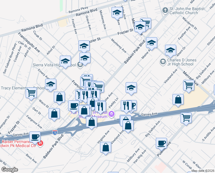 map of restaurants, bars, coffee shops, grocery stores, and more near 3314 Baldwin Park Boulevard in Baldwin Park