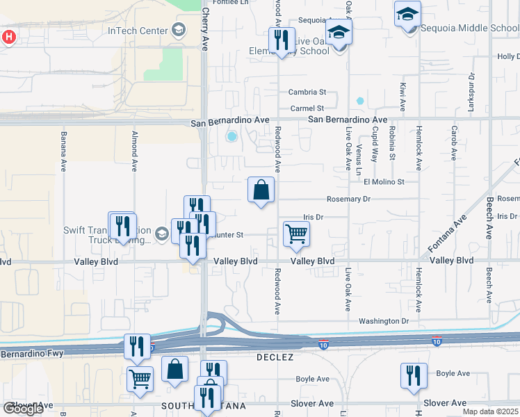 map of restaurants, bars, coffee shops, grocery stores, and more near 9988 Redwood Avenue in Fontana