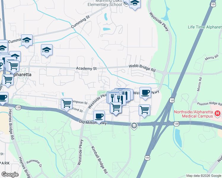 map of restaurants, bars, coffee shops, grocery stores, and more near 2400 Newport Landing in Alpharetta
