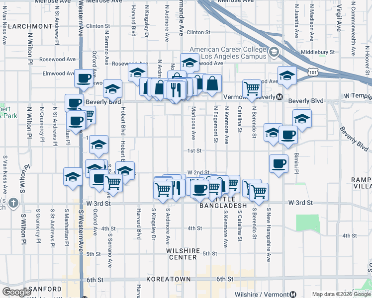 map of restaurants, bars, coffee shops, grocery stores, and more near 2 Normandie Avenue in Los Angeles