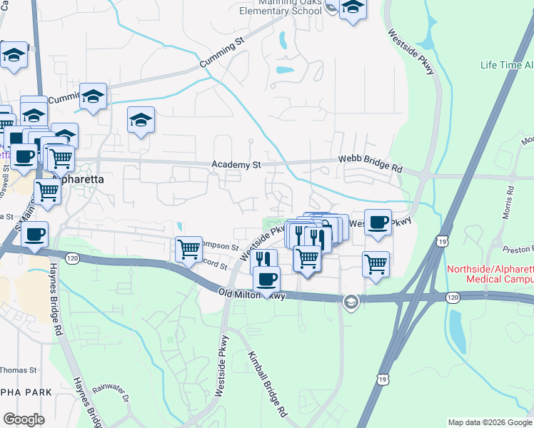 map of restaurants, bars, coffee shops, grocery stores, and more near 3205 Cape Circle in Alpharetta