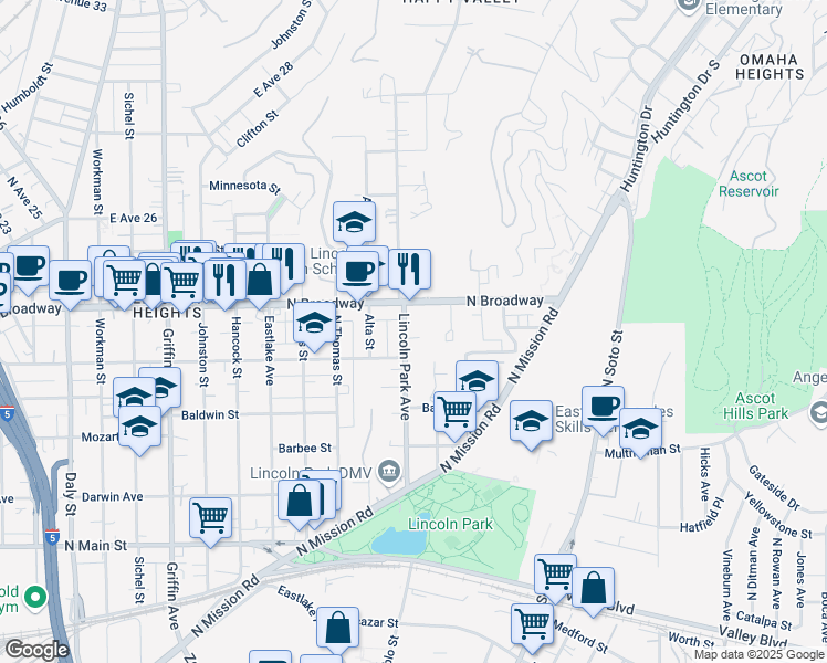 map of restaurants, bars, coffee shops, grocery stores, and more near 2328 Lincoln Park Avenue in Los Angeles