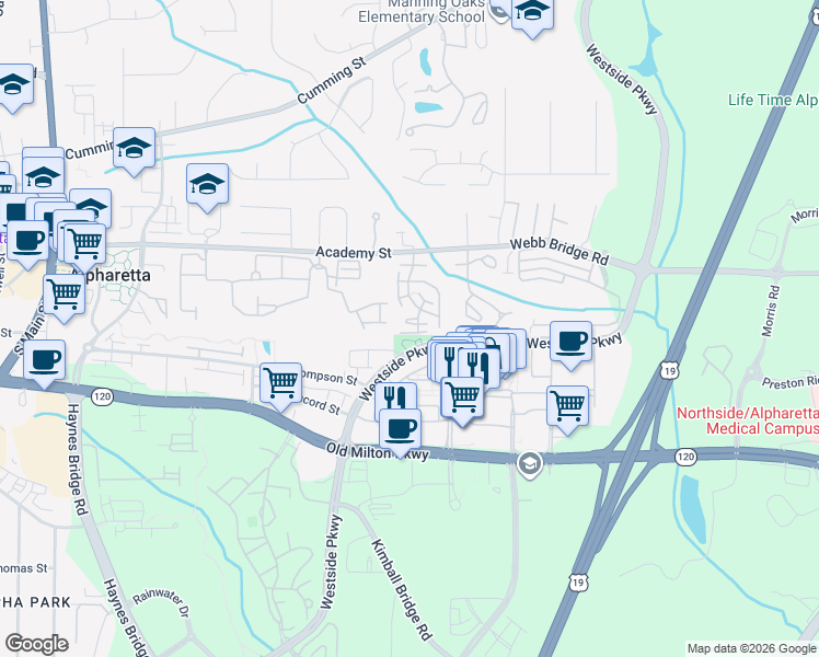 map of restaurants, bars, coffee shops, grocery stores, and more near 3270 Cape Circle in Alpharetta