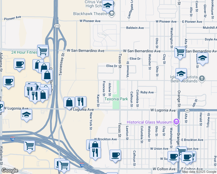 map of restaurants, bars, coffee shops, grocery stores, and more near 1412 Frances Street in Redlands