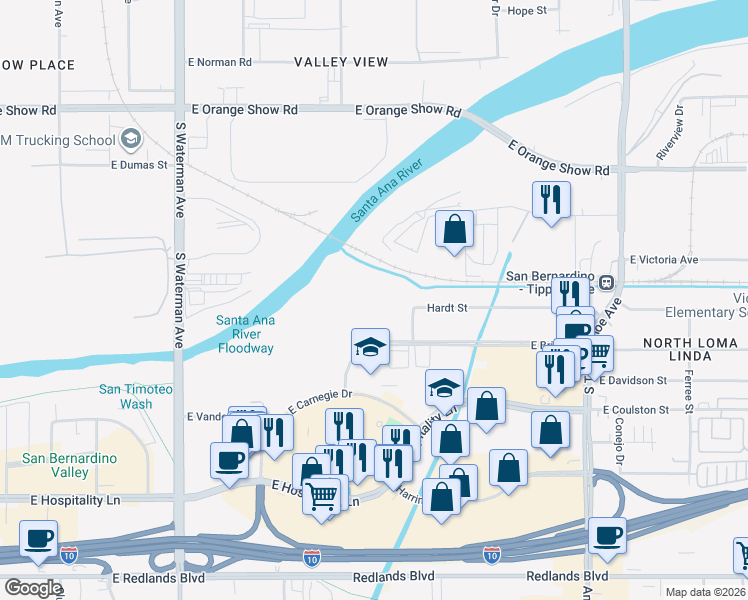 map of restaurants, bars, coffee shops, grocery stores, and more near 658 East Brier Drive in San Bernardino