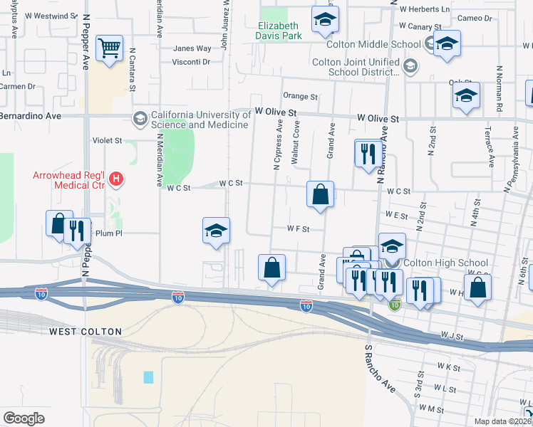 map of restaurants, bars, coffee shops, grocery stores, and more near 541 North Cypress Avenue in Colton