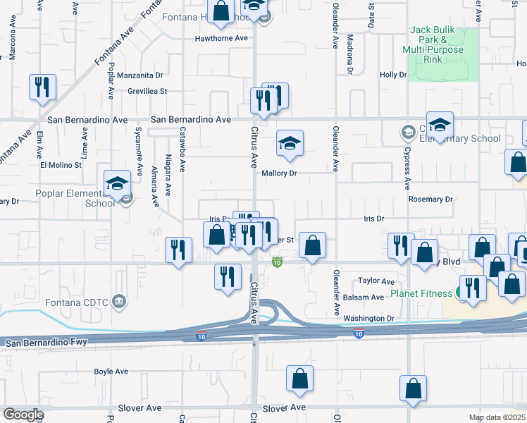 map of restaurants, bars, coffee shops, grocery stores, and more near 9984 Elwood Avenue in Fontana