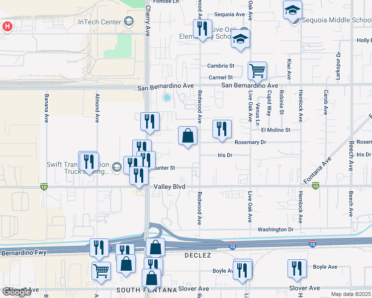 map of restaurants, bars, coffee shops, grocery stores, and more near 9988 Redwood Avenue in Fontana