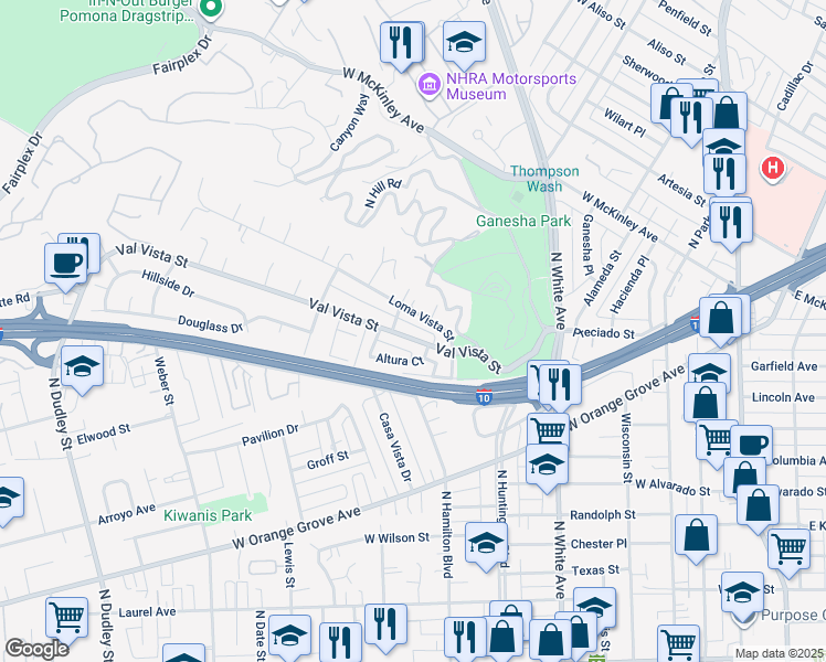 map of restaurants, bars, coffee shops, grocery stores, and more near 756 Val Vista Street in Pomona