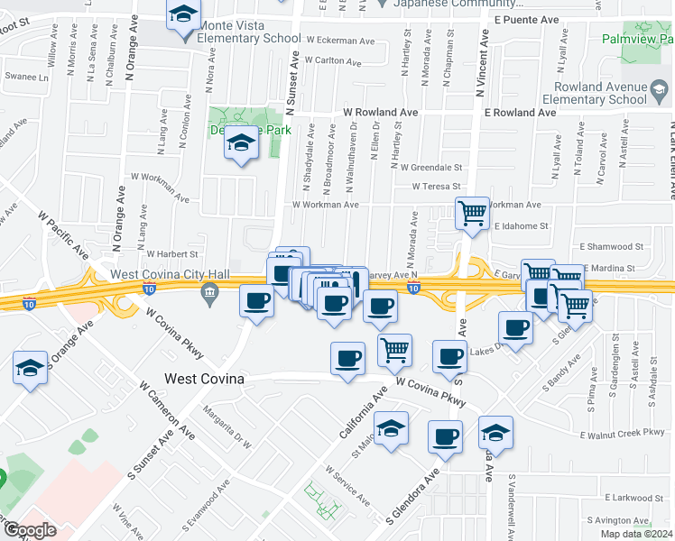 map of restaurants, bars, coffee shops, grocery stores, and more near 115 North Walnuthaven Drive in West Covina
