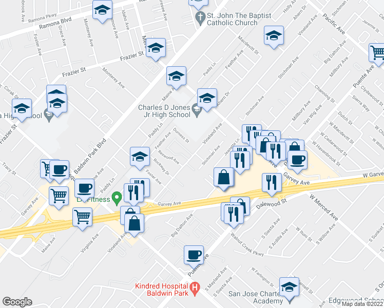 map of restaurants, bars, coffee shops, grocery stores, and more near 3234 Vineland Avenue in Baldwin Park