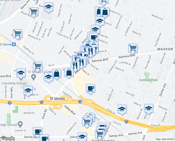 map of restaurants, bars, coffee shops, grocery stores, and more near 11657 Sitka Street in El Monte