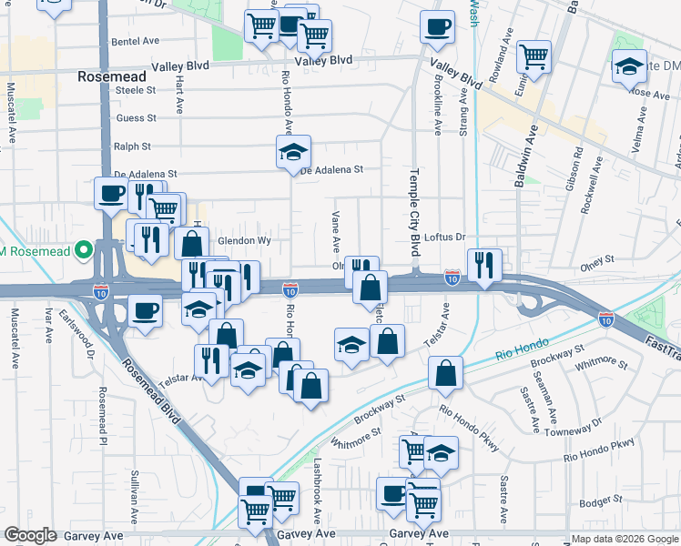 map of restaurants, bars, coffee shops, grocery stores, and more near 9510 Olney Street in Rosemead