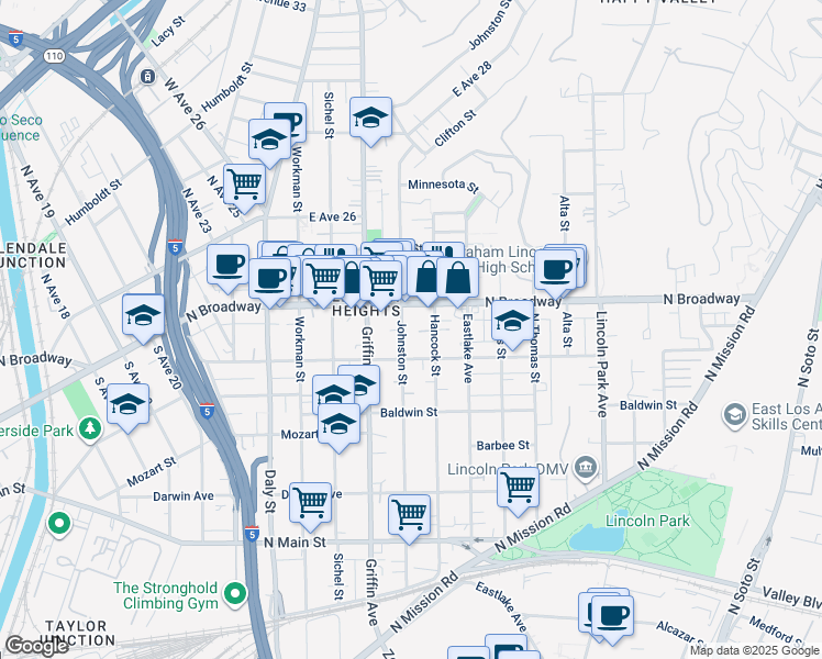 map of restaurants, bars, coffee shops, grocery stores, and more near 2319 1/4 Johnston Street in Los Angeles