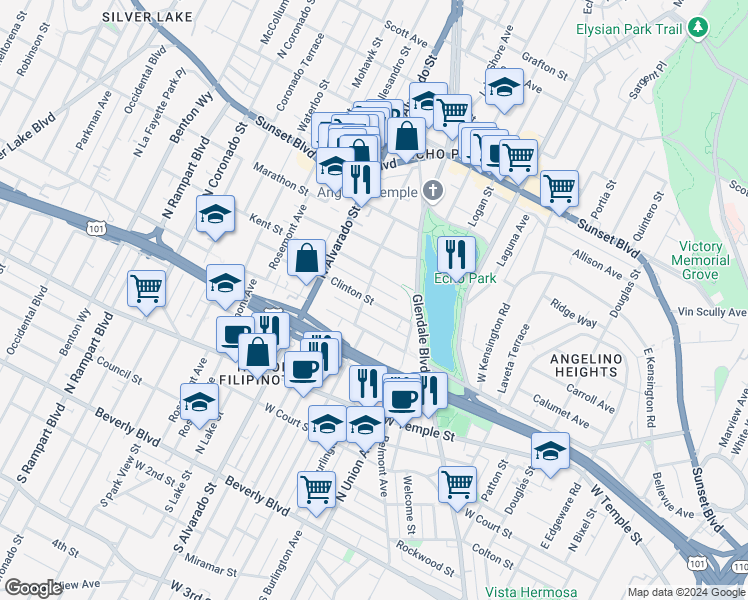 map of restaurants, bars, coffee shops, grocery stores, and more near 1734 Clinton Street in Los Angeles