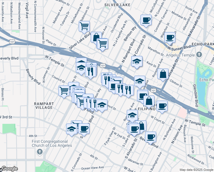 map of restaurants, bars, coffee shops, grocery stores, and more near 2602 West Temple Street in Los Angeles