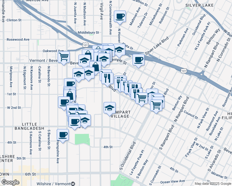 map of restaurants, bars, coffee shops, grocery stores, and more near 134 South Commonwealth Avenue in Los Angeles