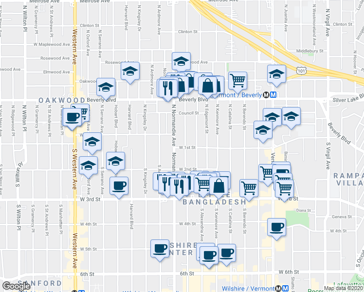 map of restaurants, bars, coffee shops, grocery stores, and more near 110 South Mariposa Avenue in Los Angeles