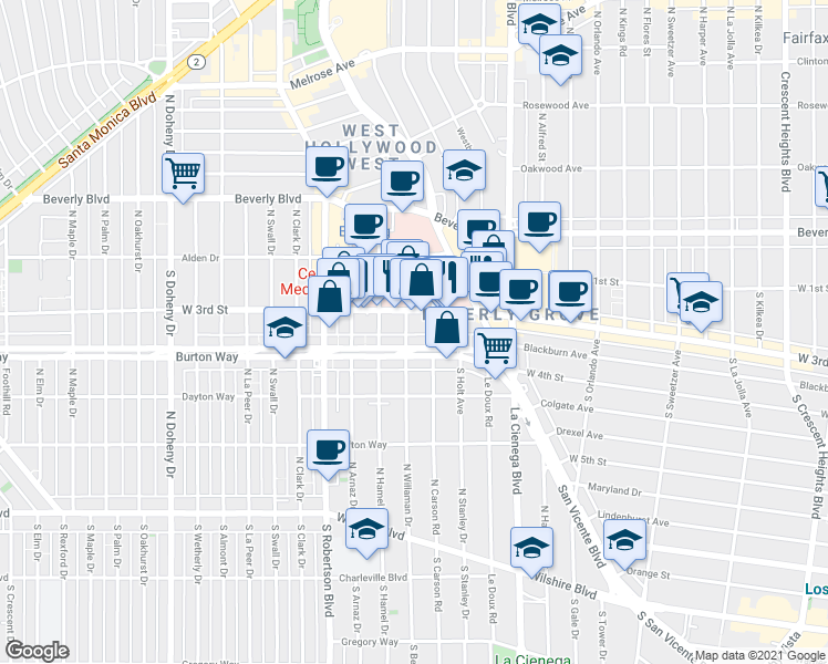 map of restaurants, bars, coffee shops, grocery stores, and more near 8611 Burton Way in Los Angeles