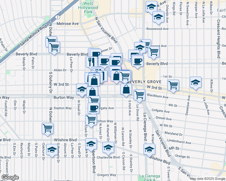 map of restaurants, bars, coffee shops, grocery stores, and more near 8665 Burton Way in Los Angeles
