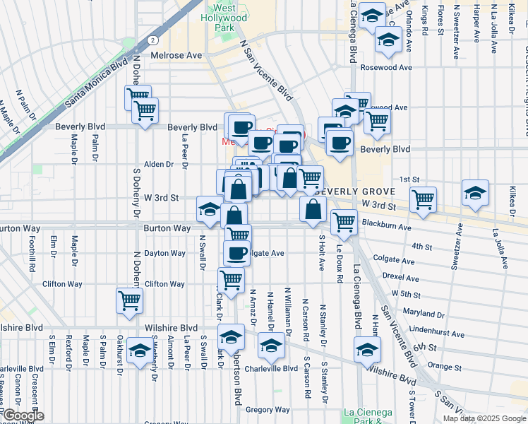map of restaurants, bars, coffee shops, grocery stores, and more near 8665 Burton Way in Los Angeles