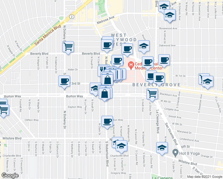 map of restaurants, bars, coffee shops, grocery stores, and more near 8757 Burton Way in West Hollywood