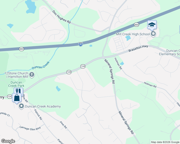 map of restaurants, bars, coffee shops, grocery stores, and more near 4195 Gables Place Northeast in Buford