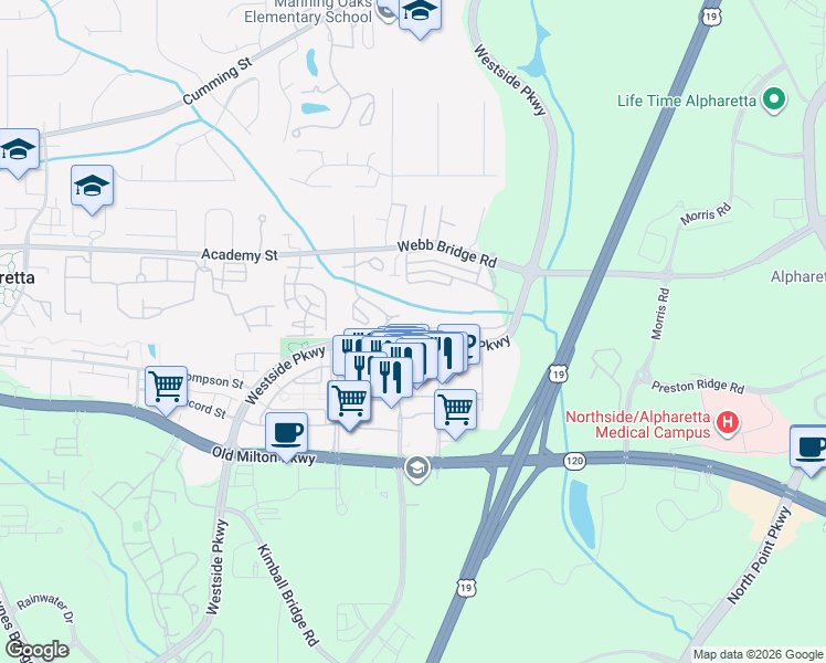 map of restaurants, bars, coffee shops, grocery stores, and more near 9065 Woodland Lane in Alpharetta