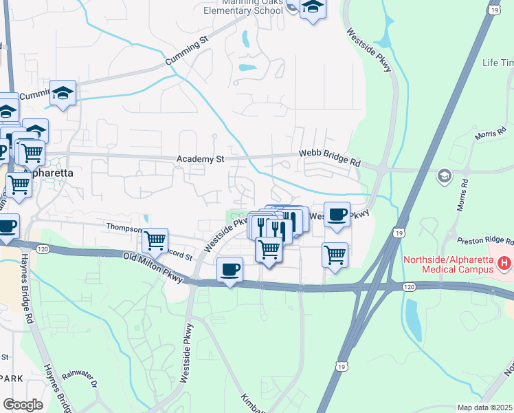 map of restaurants, bars, coffee shops, grocery stores, and more near 2400 Newport Landing in Alpharetta