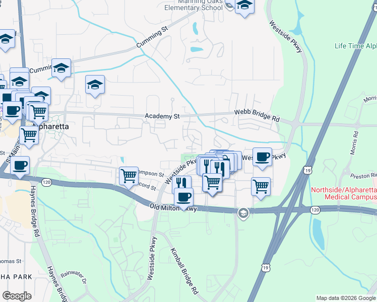 map of restaurants, bars, coffee shops, grocery stores, and more near 3270 Cape Circle in Alpharetta