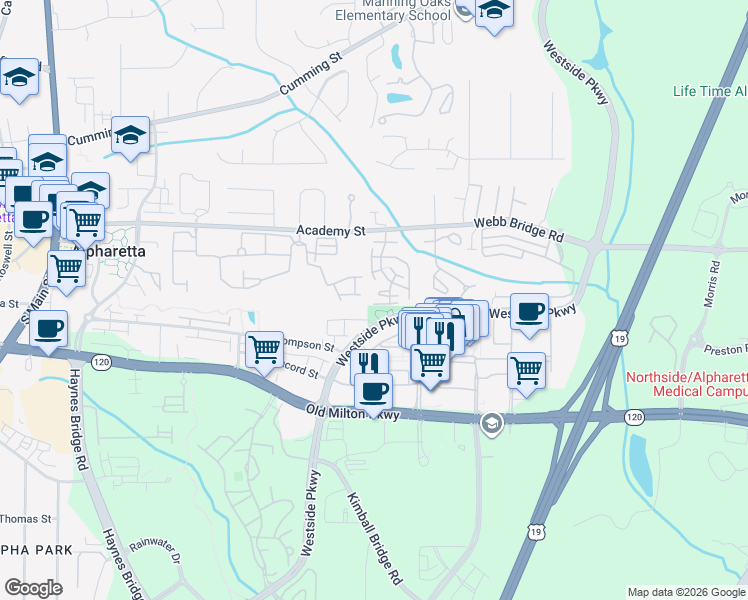 map of restaurants, bars, coffee shops, grocery stores, and more near 3205 Cape Circle in Alpharetta