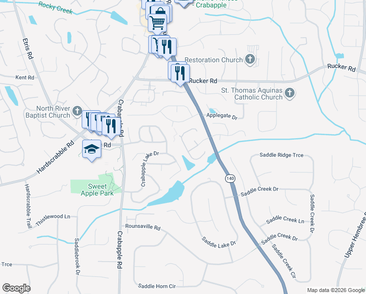 map of restaurants, bars, coffee shops, grocery stores, and more near 1250 Primrose Drive in Roswell