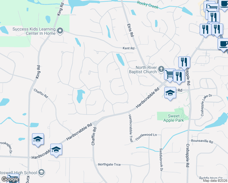 map of restaurants, bars, coffee shops, grocery stores, and more near 570 Estate Club Circle in Roswell