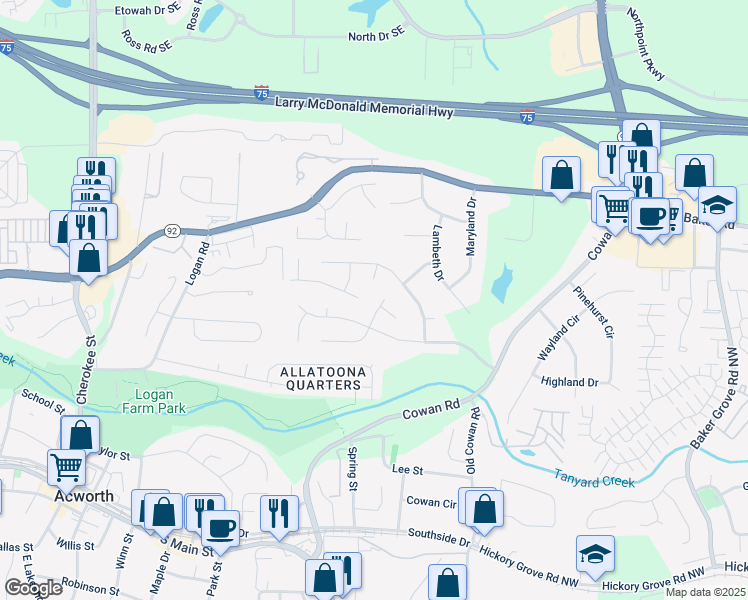 map of restaurants, bars, coffee shops, grocery stores, and more near 3725 Spring Leaf Lane in Acworth