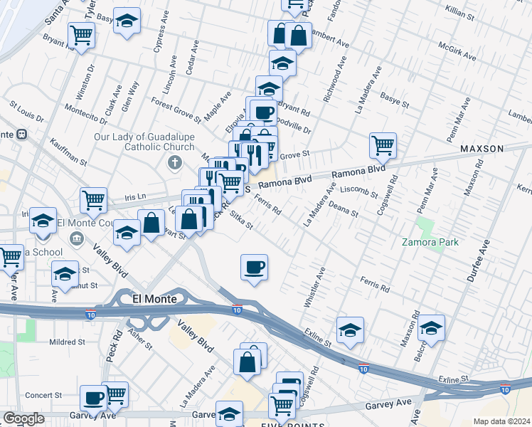 map of restaurants, bars, coffee shops, grocery stores, and more near 11670 Ferris Road in El Monte
