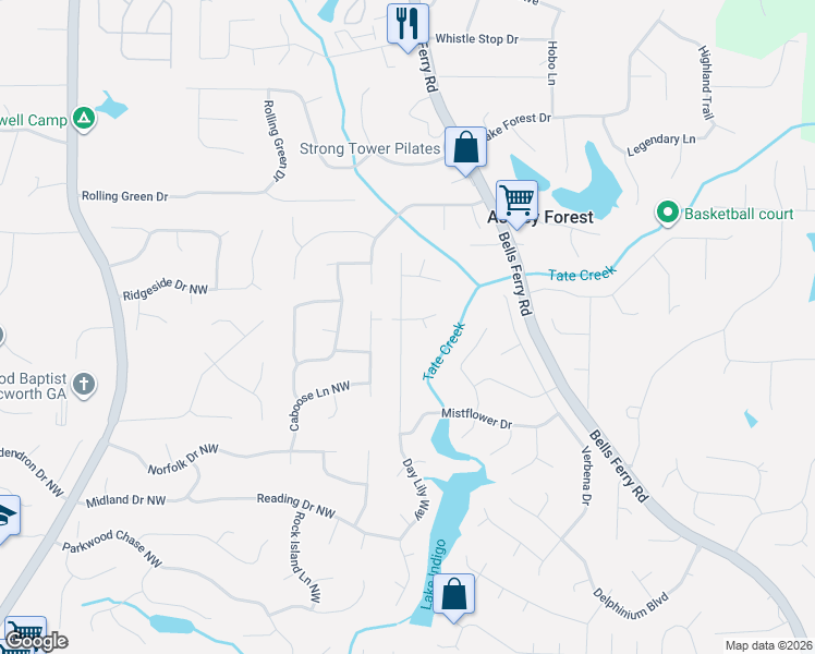 map of restaurants, bars, coffee shops, grocery stores, and more near 4964 Day Lily Way in Acworth