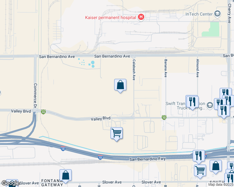 map of restaurants, bars, coffee shops, grocery stores, and more near 9950 Calabash Avenue in Fontana
