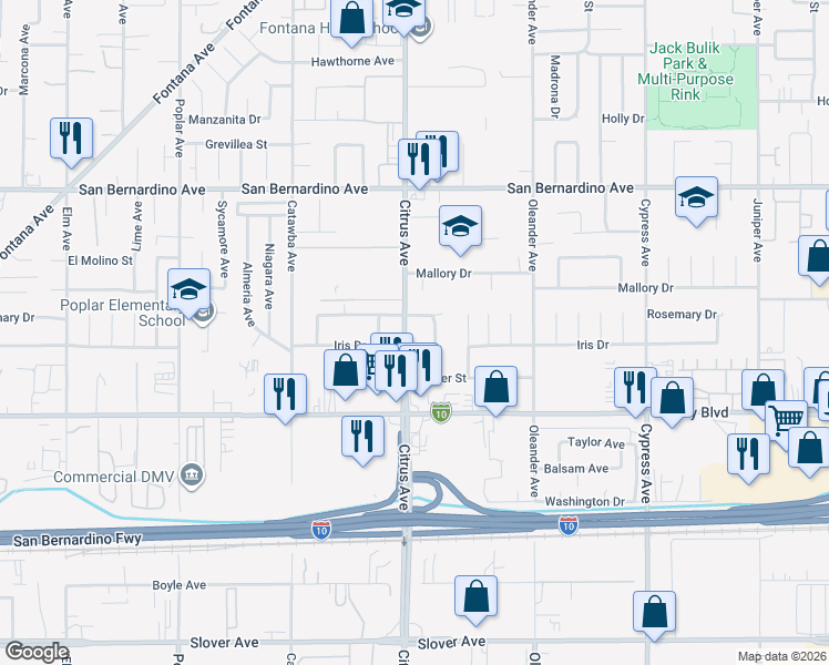 map of restaurants, bars, coffee shops, grocery stores, and more near 9957 Citrus Avenue in Fontana