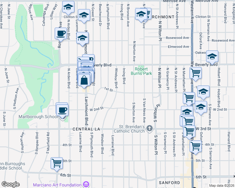map of restaurants, bars, coffee shops, grocery stores, and more near 2 South Windsor Boulevard in Los Angeles